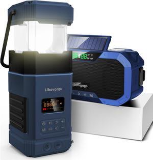 Libovgogo DF-585 Emergency LED Camping Lantern,IPX5 Waterproof Stereo Bluetooth Speaker,Hand Crank NOAA Weather Alert Radio with Solar,Portable AM FM Radio with Flashlight,5000mAH Cell Phone Charger