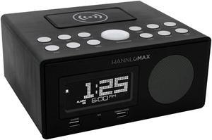 HANNLOMAX HX-202Qi Alarm Clock Radio, Wireless Charging, Bluetooth, 10W Output Power, Dual USB Ports for Charging and MP3 Playback, Temperature, Nightlight, Time Zone, Aux-in(Black)