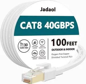 Cat8 Ethernet Cable 100 ft (30.48m), Outdoor&Indoor, Flat 40Gbps 2000MHz S/FTP Cable, Heavy Duty Internet Cord, UV Resistant Weatherproof Shielded RJ45 for Router, Modem, Switch, Gaming, PC, TV, White