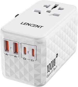 LENCENT 100W International Travel Adapter, Universal Travel Adapter with 2 QC USB-A & 2 PD3.0 Type C Power Adapter, Fast Charging for Phone,Laptops, All-in-One Outlet Adapter for USA/UK/EU/AUS, White