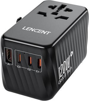 LENCENT International Travel Adapter, 120W GaN Universal Fast Charger with 3 PD3.0 Type C+1 QC USB A, All in One Power Adaptor for iPhones,Laptops, Worldwide Plug Adapter for EU/USA/UK/AU, Black
