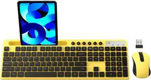 Wireless Keyboard and Mouse Combo, MARVO 2.4G Ergonomic Wireless Computer Keyboard with Phone Tablet Holder, Silent Mouse with 6 Button, Compatible with MacBook, Windows (Yellow)