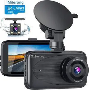 Milerong Dash Cam Front and Rear With 64GB Card, 1080P FHD Camera, 3" IPS Screen, Night Vision, G-Sensor, Loop Recording, Parking Monitor for Cars