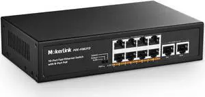MokerLink 10 Port PoE Switch With 8 Port PoE+, 2 Fast Ethernet Uplink, 100Mbps, 96W 802.3af/at, Fanless Plug & Play Ethernet Switch