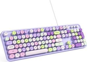 MOWUX Computer Keyboard Wired, Plug and Play USB Retro Round Typewriter Keyboard, Full Size Wired Keyboard with Foldable Stands for Laptop and Office PC- Purple Colorful