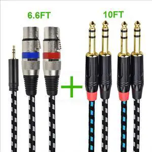 Mugteeve One 6.6Feet 1/8 to Dual XLR Female Y Splitter Cable - with - Two 10Feet 1/4 TRS Male to 1/4 TRS Male Cable