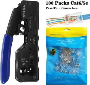PETECHTOOL RJ45 Crimp Tool Ethernet Crimping Tool Wire Cutter for Cat7 Cat6a Cat6 Cat5e Pass Through Connectors with 100 Pieces Cat5e/6 connectors