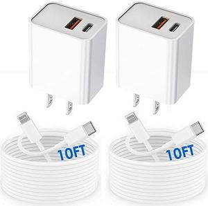 USB C Wall Charger,Dual Port 10FT iPhone Charger 20W PD+QC3.0 Power Adapter Fast Charging Block Plug with 10ft USB C to Lightning Cable for iPhone 14/14 Pro/14 Pro Max/13/12/11/Pro Max/XS/XR/X/AirPods