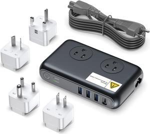 VHBW Step Down Converter 220V to 110V Voltage Converter 200W for Curling Iron, Straightener and Chargers with 3-Port USB, 1 Type C and UK/AU/US/EU/in Worldwide Plug Adapter Universal Travel Adapter