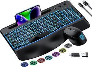 Wireless Keyboard and Mouse Combo Telylou Ergonomic Quiet Keyboard Mouse Combo 7 Backlit Effects, Wrist Rest, Phone Tablet Holder 2.4GHz Ergonomic Mouse and Keyboard for Windows, Mac, Computer, PC