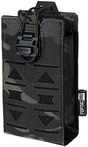 TOPTACPRO Tactical Radio Pouch MOLLE Radio Holster Compatible with 148/152 MPU5 Baofeng Radio Case Bag Walkie Talkies Rifle Mag with Elastic Cord 500D Nylon (Multi-camo Black)