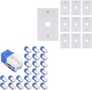 VCE 10-Pack 1 Port Keystone Wall Plate Bundle with 25-Pack RJ45 Cat6 Keystone Jack 90 Degree Insert