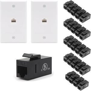 VCE 25-Pack UL Listed CAT6 RJ45 Keystone Jack Inline Coupler-Black Bundle with 2-Pack 1 Port Ethernet Wall Plate - White