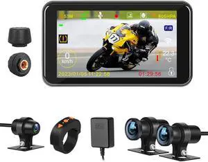 VSYSTO 4.5 Inch Screen WiFi Motorcycle Dash Cam, Waterproof HD 1080P Selfie & Front & Rear Camera 150° Wide Angle Fish Eye Lens, Tire Pressure Sensors, Parking Monitoring, GPS(Black-4.5InchPro)
