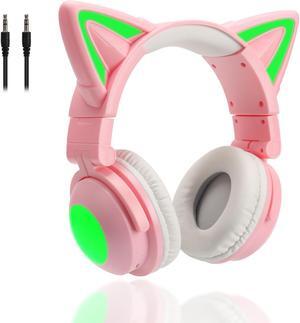 YIK TUNG Cute Cat Ear Bluetooth Headphones with Built-in Mic, Over Ear Wired Headphones with LED Lights, Foldable Wireless Headset with Cat Ear for Traveling, Gift for Boys Girls Teens Adult (Pink)
