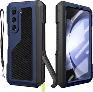 YQODSZ for Samsung Galaxy Z Fold 5 Metal Case with Fold5 S Pen Holder, Rugged Heavy Duty Z Fold 5 Case Screen Protector Kickstand Full-Body Protection Z Fold 5 5g Phone Case Blue