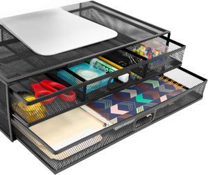 MOUNT-IT! Computer Monitor Stand With Drawers, Metal Mesh Riser and Organizer for Laptops and Computer Screens, Laptop, and Printer Accessories and Office Supplies (Black)
