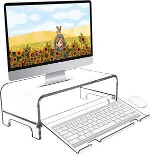 AMT 5.7 Inch Acrylic Monitor Stand and Laptop Riser with Keyboard Cover, Clear Desktop Shelf for Office and Home