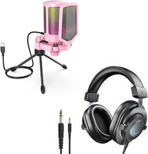 FIFINE USB Gaming PC Microphone, Over-Ear 3.5mm/6.35mm Headphones, RGB Computer Condenser Desktop Mic with Quick Mute, Mic Gain, Monitoring Wired Headphones on PS4/PS5, for YouTube Video-Pink (A6P+H8)