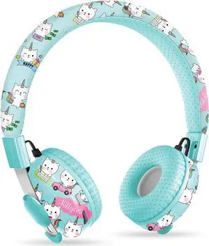 LilGadgets Untangled Pro On-Ear Kids Wireless Headphone for School, Microphone, Volume Limited, SharePort Technology, SoftTouch Padding, Rainbow Cat Bluetooth Headphones