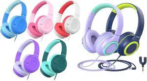 iClever HS27 & HS22 Kids Headphones Wired Bundles-Comfortable Fit, Safe 85dBA Volume Limited,Girls Boys Headphones for Foldable 3.5mm Wired Kids Headphones for iPad Computer