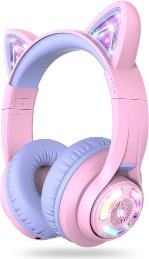 iClever Cat Ear Kids Bluetooth Headphones, LED Lights Up, 74/85/94dB Volume Limited, 50H Playtime,Bluetooth 5.2, USB C, Kids Headphones Wireless Over Ear for Travel iPad Tablet, Meow Macaron-Purple