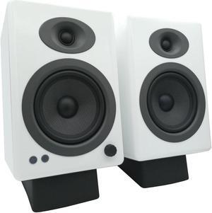 Audioengine A5 White Wireless Bookshelf Bluetooth Speakers and DS2 Desktop Stands with Remote