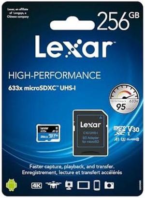 Lexar High-Performance 633x 256GB microSDXC UHS-I Card with SD Adapter, C10, U3, V30, A1, Full-HD & 4K Video, Up To 100MB/s Read, for Smartphones, Tablets, and Action Cameras (LSDMI256BBNL633A)