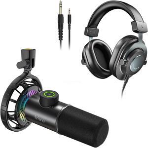 FIFINE USB Gaming Microphone, Over-Ear 3.5mm/6.35mm Headphones, Dynamic Streaming RGB Mic for PC/MAC, Lightweight Comfortable Studio Monitor Headphones with Detachable Cables (K658+H8)
