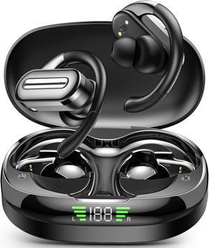 Bluetooth Headphones Wireless Earbuds 56hrs Playtime Wireless Charging Case Digital Display Sports Ear buds with Earhook Premium Deep Bass IPX5 Waterproof Over-Ear Earphones for TV Phone Laptop Black