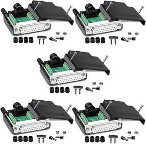ANMBEST 5PCS DB25 Solderless Connector, RS232 D-SUB Serial to 25-pin Port 16mm Thinner Terminal Female Adapter Breakout Board with Case Long Bolts Nuts