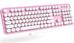Atelus Computer Keyboard Wired, Plug Play USB Keyboard with Large Number Pad, Caps Indicators, Foldable Stands, Full Size Keyboard for Windows PC Laptop (Pink White)