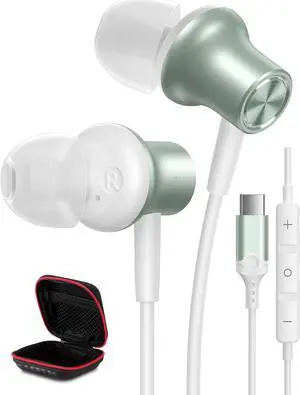Type C Earbuds with Microphone for Samsung S24 iPhone 15 Pro Max and Shockproof Carrying Case Hard Protective EVA Case Mint