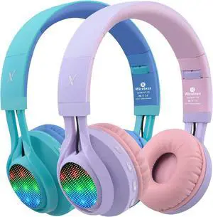 Riwbox WT-7S Kids Headphones Wireless, Bundle 2 Packs Foldable Stereo Bluetooth Headset with Mic and Volume Control for PC/Laptop/Tablet/iPad (Purple&Blue)