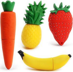 LEIZHAN 4X16GB Fruits USB Flash Drive Cute USB Thumb Drive Memory Stick Pineapple Carrot Banana Strawberry Pen Drive Gift Data Storage U Disk(Pack of 4 Fruits)