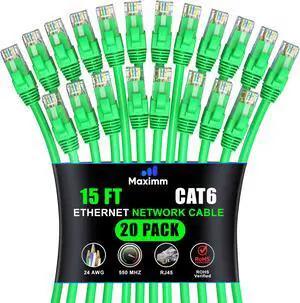 Maximm Cat 6 Ethernet Cable 15 ft (20-Pack) - High-Speed LAN Cable, Internet Cable, Patch Cable, and Network Cable - UTP, 10Gbps, 550MHz Ethernet Cord - Green
