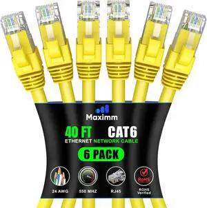 Maximm Cat 6 Ethernet Cable 40 ft (6-Pack) - High-Speed LAN Cable, Internet Cable, Patch Cable, and Network Cable - UTP, 10Gbps, 550MHz Ethernet Cord - Yellow