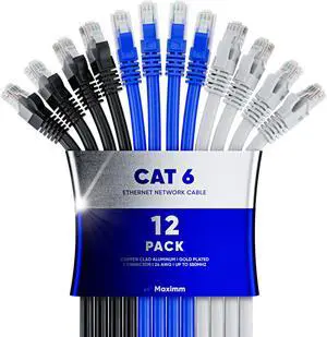 Maximm Cat 6 Ethernet Cable 25 Ft, (12-Pack) Cat6 Cable, LAN Cable, Internet Cable, Patch Cable and Network Cable - UTP (Tricolor) 25 Feet ethernet Cord