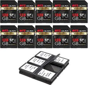 Ritz Gear Extreme Performance Video Pro 128GB 4K 8K Ultra HD SDXC U3 V60 A1 Memory Card 10-Pack (Read 265mb/s, 120mb/s Write)