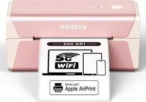 MUNBYN Pink Wireless Label Printer 300DPI, RW401AP Wi-Fi Thermal Printer, AirPrint Connectivity Driver-Free Compatible with iPhone, iPad, Mac, Work with 4x6 Shipping Labels for Windows, Android