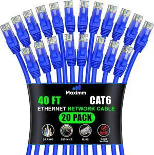 Maximm Cat 6 Ethernet Cable 40 ft (20-Pack) - High-Speed LAN Cable, Internet Cable, Patch Cable, and Network Cable - UTP, 10Gbps, 550MHz Ethernet Cord - Blue