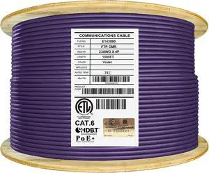 Elite Cat6 Shielded Riser (CMR), 1000ft, F/UTP 23AWG, Solid Bare Copper, 550MHz, UL Certified, UL-LP Certification, Bulk Ethernet Cable Reel, Violet