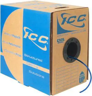 ICC Cat6 CMP Plenum 1000ft UTP 23AWG Solid Pure Copper, True Plenum Certified by UL Bulk Ethernet Cable, PoE++, 500MHz, Reelex No Tangle Pull Box, TAA, National Electrical Code Compliant, Blue
