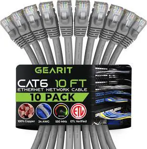 GearIT Cat 6 Ethernet Cable (10-Pack 10 Feet) Cat6 Network Patch, 10Gbps, RJ45, Snagless Cord, Gold-Plated Connectors, Internet for PC, TV, Tablet, Router, Printer, Servers, IT Data Center - Gray