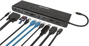 Manhattan USB-C 11 in 1 Docking Station -for 3 Display Monitors, Connect & Charge Devices-USB C to 4K HDMI/DP, 1080p VGA & 3 USB, 100W PD, Ethernet, SD Card Reader, 3.5 mm Aux -3 Yr Mfg Warranty
