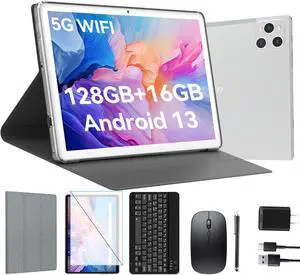 ANTEMPER Tablet, 10 Inch Android Tablet with 128GB ROM, 16GB RAM(Up to 2 TB), Octa-Core Processor, 5G WiFi Tableta, with Keyboard Mouse Case, 13MP+8MP Camera, IPS Touchscreen 8H Battery, Silver