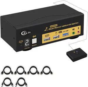 CKLau 2x2 USB 3.0 HDMI KVM Switch 2 Monitors 2 Computers with Cables Support 8K@60Hz, 4K@144Hz, Emulation EDID, Hotkey Switching, Digital Display
