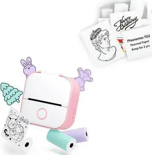 Memoqueen Mini Sticker Printer T02 Portable Thermal Printer, Instant Photo Printer, Sticker Maker Machine Gift Set & 3 Rolls White Adhesive Thermal Paper