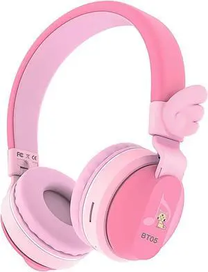Riwbox BT05 Bluetooth Kids Headphones Wireless Foldable Headset Over Ear with Volume Limited and Mic/TF Card Compatible for iPad/iPhone/Tablet (Pink&Red)