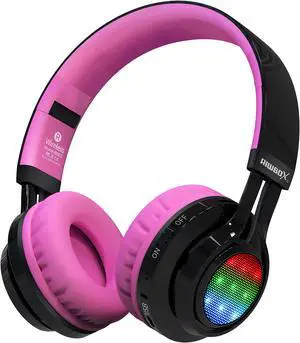 Riwbox Bluetooth Headphones for Kids, AB005 Wireless Kids Headphones V5.3 with Microphone Foldable Headset with LED Light and TF Card FM Radio Compatible for Tablet PC TV (Black&Pink)